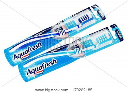 MOSCOW RUSSIA - FEBRUARY 5 2017: Top view of pair packaging Aquafresh toothbrushes isolated on white background with clipping path. Aquafresh manufactured by GlaxoSmithKline