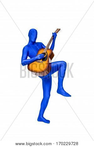 Mysterious Blue Man In Morphsuit Playing An Acoustic Guitar
