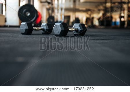 Closeup of dumbbells on the floor in gym