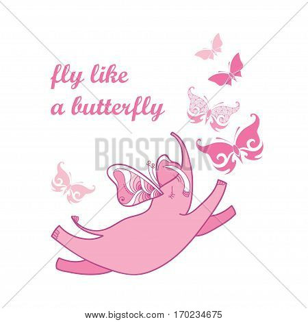 Vector illustration with pink flying elephant and ornate butterfly isolated on white background. Cartoon cute elephant in contour style for kids design. Fly like a butterfly concept.