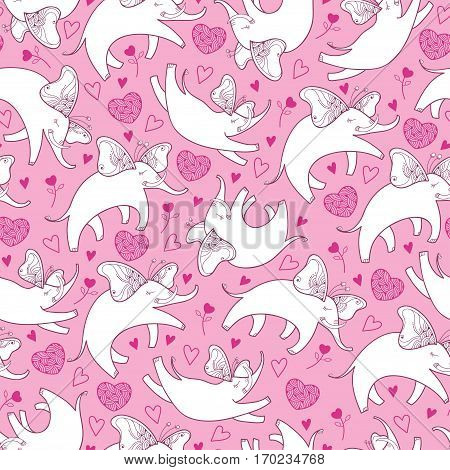 Vector seamless pattern with outline white flying elephant and ornate heart on the pink background. Cartoon cute elephants and hearts in contour style for Valentine day and kids design.