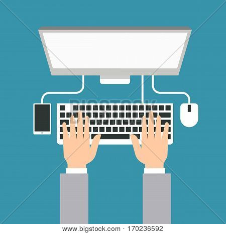 Hands typing text on the laptop keyboard - people working with computer at the work desk illustration flat vector stock