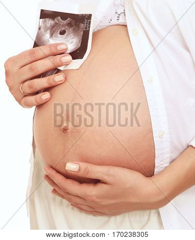 Pregnant mother isolated on white