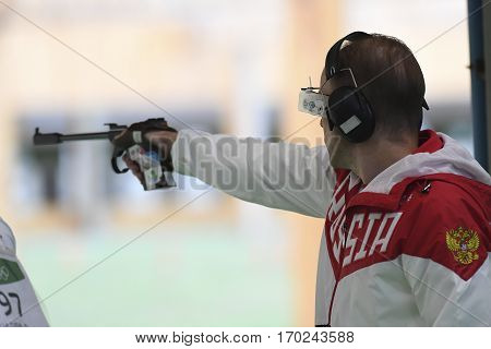 Rio Brazil - august 10 2016: GONTCHAROV Vladimir (RUS) during shooting 50m Pistol Men Shooting at Olympic Games 2016 in Olympic Shooting Centre Deodoro
