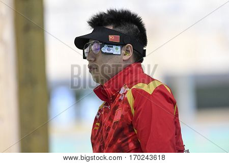 Rio Brazil - august 10 2016: PANG Wei (CHN) during shooting 50m Pistol Men Shooting at Olympic Games 2016 in Olympic Shooting Centre Deodoro