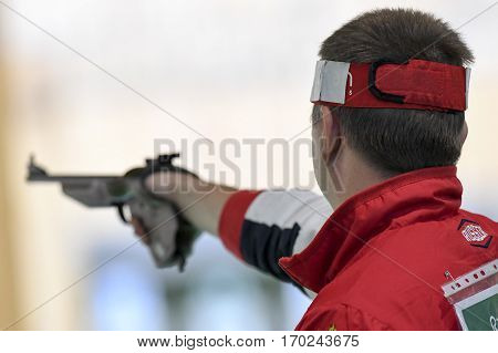 Rio Brazil - august 10 2016: KOULAKOV Denis (RUS) during shooting 50m Pistol Men Shooting at Olympic Games 2016 in Olympic Shooting Centre Deodoro
