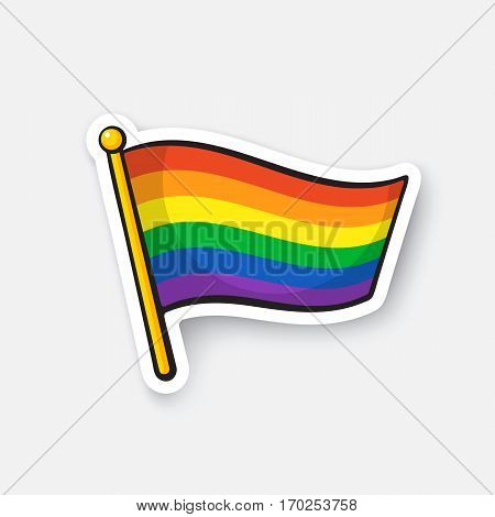 Vector illustration. Flag of LGBT community on flagstaff. Banner in rainbow color. Cartoon sticker with contour. Decoration for greeting cards, posters, patches, prints for clothes, emblems