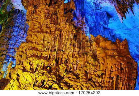 Multicolor Reed Flute cave in Guilin Guangxi province of China