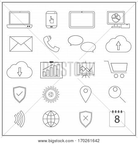 Social media with network icons, outline set.