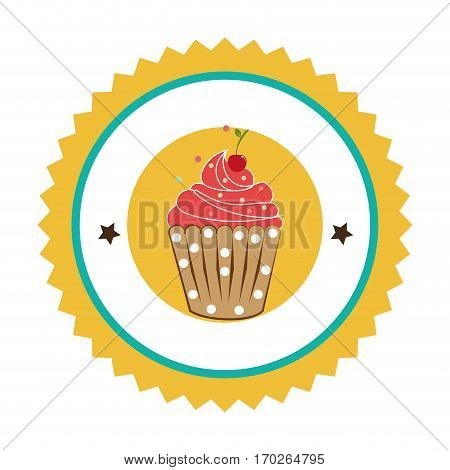 circular border with cupcake with cream and cherry vector illustration