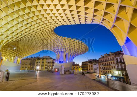 Seville, Spain - 2 November 2016: Metropol Parasol in Plaza de la Encarnacion. J. Mayer H. architects, it is made from bonded timber with a polyurethane coating