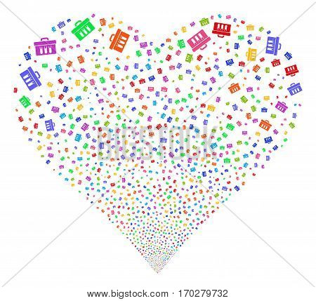 Analysis fireworks with heart shape. Vector illustration style is flat bright multicolored iconic symbols on a white background. Object salute combined from random pictograms.