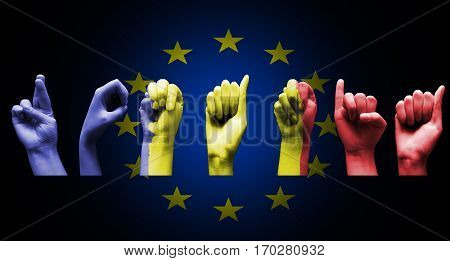 romania sign hand painted with romanian flag over the european union flag black