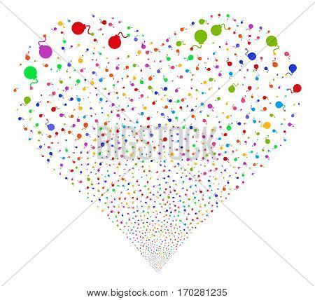 Bomb fireworks with heart shape. Vector illustration style is flat bright multicolored iconic symbols on a white background. Object stream created from random pictographs.