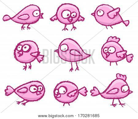 Set of cute little hand drawn birds. Cartoon vector bright funny pink birds isolated over white background.
