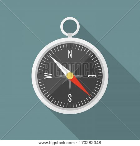 Isolated flat style silver compass with shadow illustration.