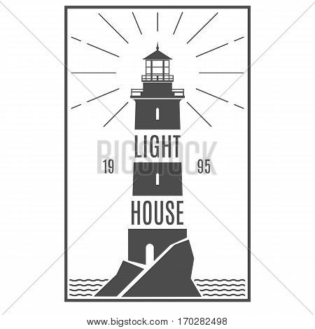 Lighthouse retro black logo. Naval Architecture sign. Lighthouse stylish badge. Sticker, line design. Hipster style. Marine symbol. Vector illustration.