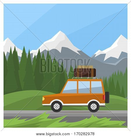 Jeep rides on off-road trail, background of high mountains and forests. Active outdoor recreation with family. art. Vehicle SUV. Wild Reserve. Beautiful day landscape. vector car. flat design