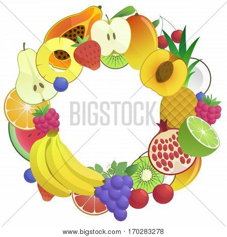 fruit circle frame background. vector eco products. modern flat design. fresh berries, nuts, fruits banner. banana, watermelon, apple, strawberry, coconut, pineapple, other.