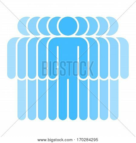 Use it in all your designs. Logotype in the form of nine people standing with hands down painted in shades of blue color. Quick and easy recolorable graphic element in technique vector illustration