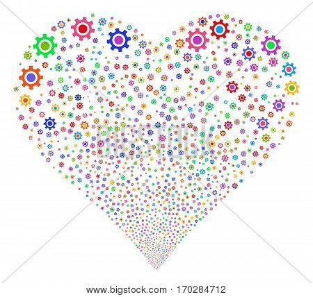 Cogwheel fireworks with heart shape. Vector illustration style is flat bright multicolored iconic symbols on a white background. Object salute made from confetti icons.