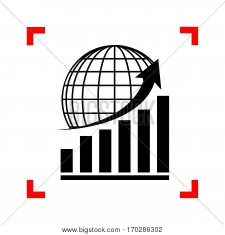 Growing graph with earth. Black icon in focus corners on white background. Isolated.