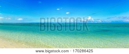 Sandy tropical Wolmar beach at sunny day. Panorama. Mauritius