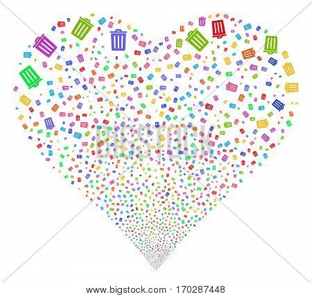 Dustbin fireworks with heart shape. Vector illustration style is flat bright multicolored iconic symbols on a white background. Object salute organized from confetti pictograms.
