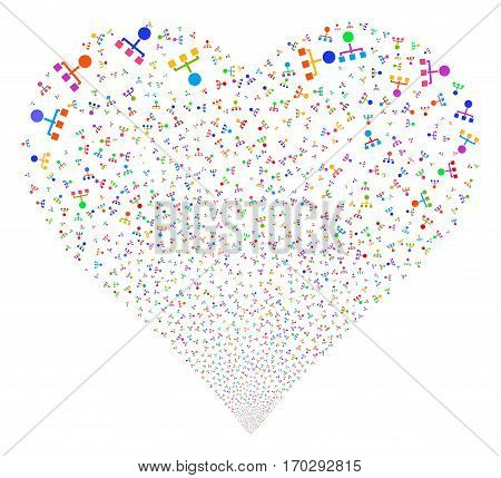 Hierarchy fireworks with heart shape. Vector illustration style is flat bright multicolored iconic symbols on a white background. Object salute organized from scattered pictograms.