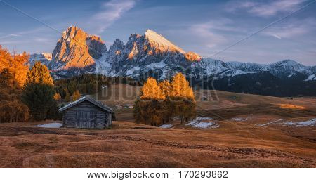 Italy. Dolomites. Autumn Evening on the plateau of Alpe di Siusi