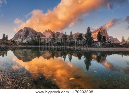Italy. Dolomites. Colorful evening on Lake Limides