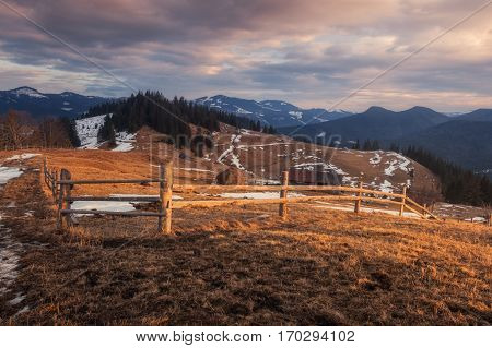 Ukraine. Carpathians. Dzembronya. Winter evening poloniny Stepansky