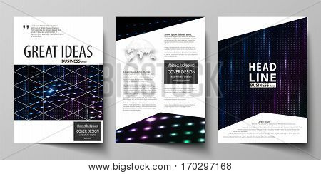 Business templates for brochure, magazine, flyer, booklet or annual report. Cover design template, easy editable vector, abstract flat layout in A4 size. Abstract colorful neon dots, dotted technology background. Glowing particles, led light pattern, futu