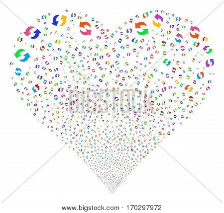 Refresh fireworks with heart shape. Vector illustration style is flat bright multicolored iconic symbols on a white background. Object heart constructed from random icons.