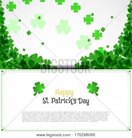 Vector Happy St. Patrick's Day envelope on the white background with text and clover leaves arranged in a circle and at corners.