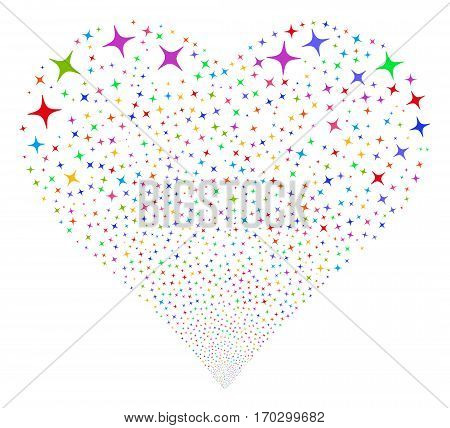 Space Star fireworks with heart shape. Vector illustration style is flat bright multicolored iconic symbols on a white background. Object stream created from confetti pictographs.