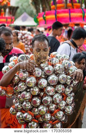 Georgetown Penang Malaysia - February 9 2017 : Hindu devotee taking part in the Thaipusam festival on February 9 2017 in Malaysia. Hindu festival to worship God Muruga.