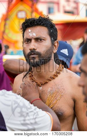 Georgetown Penang Malaysia - February 9 2017 : Hindu devotee taking part in the Thaipusam festival on February 9 2017 in Malaysia. Hindu festival to worship God Muruga.