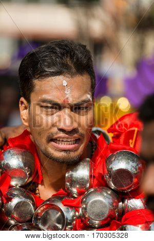 Georgetown Penang Malaysia - February 9 2017 : Hindu devotee taking part in the Thaipusam festival on February 9 2017 in Malaysia. Hindu festival to worship God Muruga.