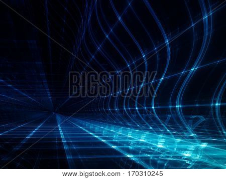 Abstract background element. Three-dimensional composition of glowing grids and wave shapes. Science and technology concept. Blue and black colors.
