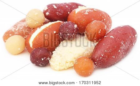 Popular Bangladeshi indian Sweetmeats over white background