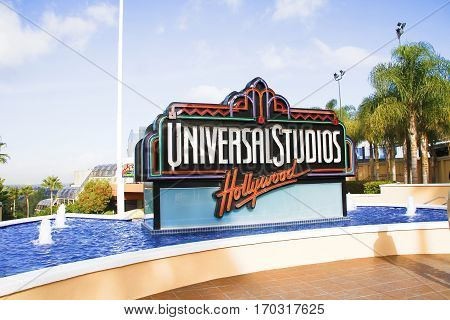 UNIVERSAL CITY, CA - OCT 29, 2015: The Universal Studios Hollywood sign greeting visitors outside the amusement park. It's official marketing headline is 