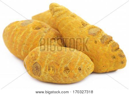 Close up of Dry turmeric over white background