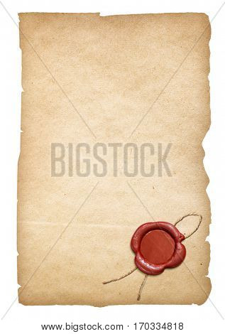 Old parchment letter or paper with wax seal. Clipping path is included.