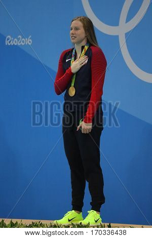 RIO DE JANEIRO, BRAZIL - AUGUST 8, 2016: Olympic Champion swimmer Lilly King of the United States celebrates victory after Women's 100m Breaststroke Final of the Rio 2016 Olympic Games