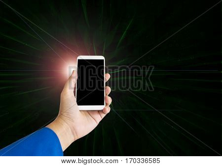 Hand Hold Smart Phone Or Moblie Phone On Modern Light And Lens Flare On Electronic Technolgy Dark Ba