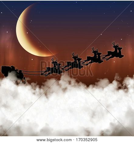 Santa Claus is flying on a background of the moon at night Christmas reindeer, delivering gifts.
