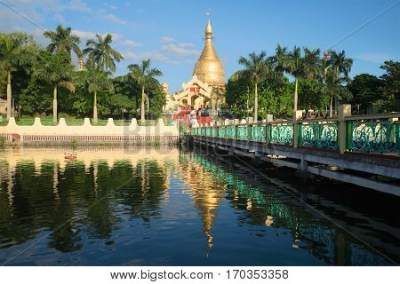 View of the Buddhist temple Maha Wizaya Pagoda on a Sunny day. Yangon, Myanmar
