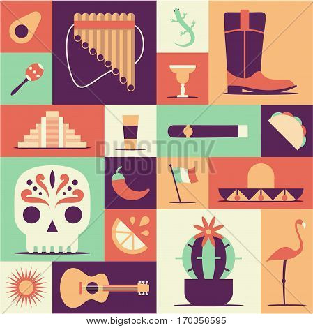 Sun, Moai pyramid, tequila, Mexico map, cactus, guitar sombrero chili maracas flag skull Vector Mexican poster