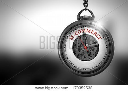 Watch with M-Commerce Text on the Face. M-Commerce on Pocket Watch Face with Close View of Watch Mechanism. Business Concept. 3D Rendering.